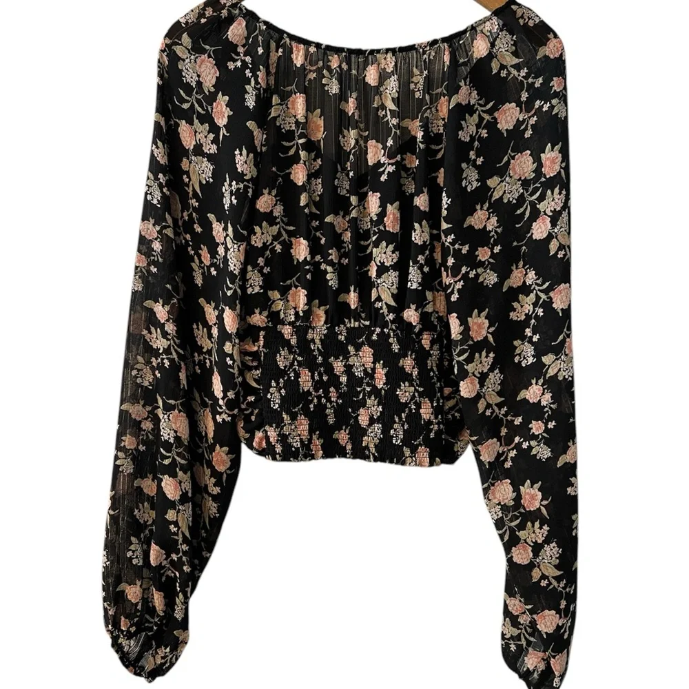 Free People Final Rose Blouse in Black Pink Size Small Balloon Sleeves